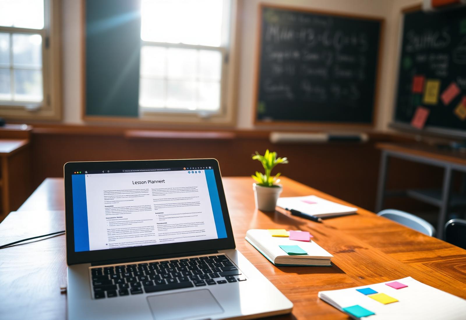 Teacher's desk with a laptop showing a lesson plan, classroom in soft focus